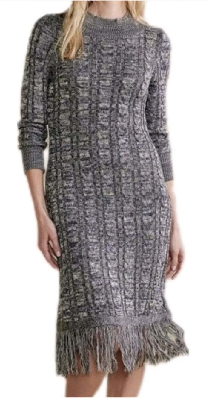 Soft Surroundings Neve Gray Mock Neck Cable Knit Fringe Hem Sweater Dress Lg NWT